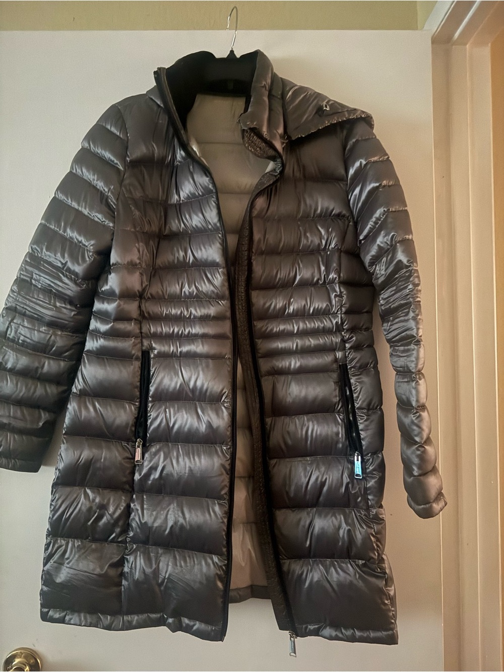 Andrew Marc Shiny Gray Quilted Long Puffer Coat